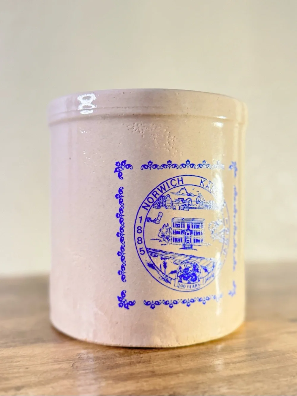 Norwich Kansas 1885–1985 Centennial Stoneware Crock | Blue Transferware